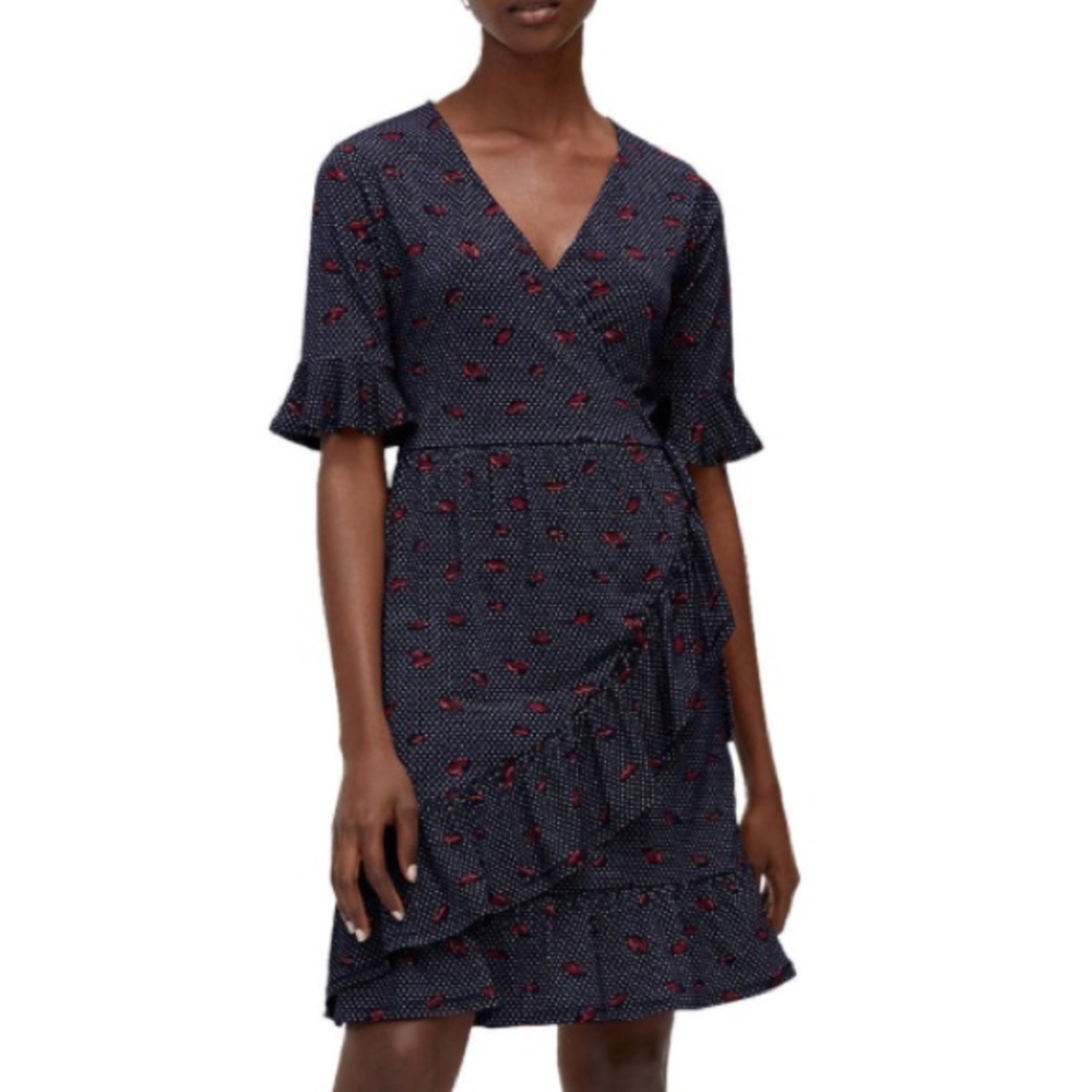 Warehouse Red Lips Printed Blue Wrap Dress,-Size 6